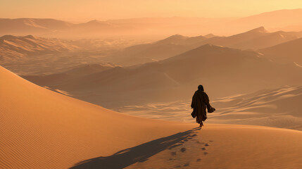 Lonely Traveler in a Vast Desert at Dusk