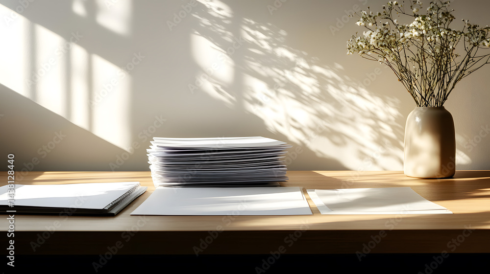 Poster Minimalist desk setup with neatly stacked papers in afternoon light cozy workspace environment calm viewpoint