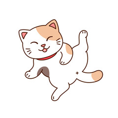 Cute kawaii fat cat with a raised leg washing and cleaning his body