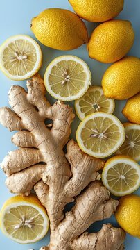 Fresh bright yellow lemons ginger root sliced whole and peeled on blue background with scattered lemon slices for healthy cooking and zest flavo