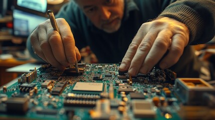 Close-up of a technician meticulously repairing a circuit board, using precision tools.