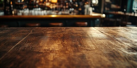 A photograph of a close-up wooden bar table with a slightly textured surface, set against the backdrop of a well-stocked bar. The image highlights the rich grain and texture of the wood.