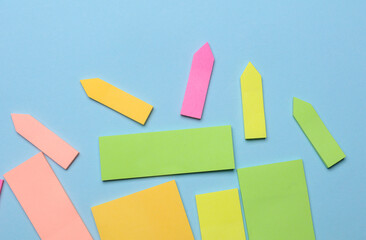 Various blank paper multicolored stickers. Sticky note collection on blue background