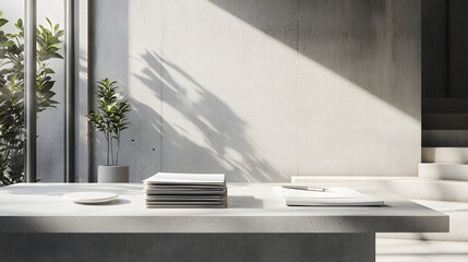 Minimalist desk setup with neatly stacked papers modern office photography bright environment clean viewpoint soft natural light