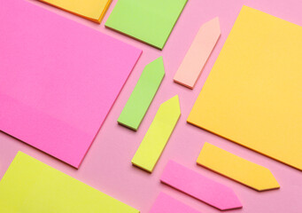 Various blank paper multicolored stickers. Sticky note collection on blue background