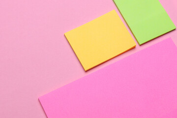 Various blank paper multicolored stickers. Sticky note collection on blue background