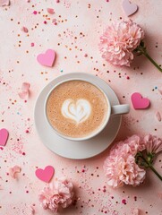 An image of a latte with a heart design in foam, placed on a white saucer. The latte is set against a backdrop of pink flowers, tiny hearts, and confetti. It's presented on a surface that appears to