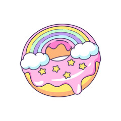 Rainbow doughnut, donut, cute magic cartoon style drawing, illustration
