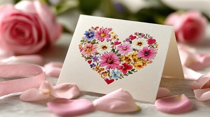 Heart-shaped card, flowers, roses, petals