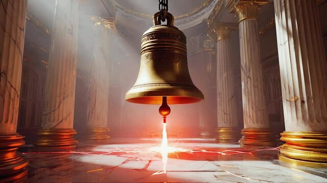 Grand marble exchange hall, giant brass bell glowing red clapper, single ring, shockwaves cracking marble floors glowing red fissures, dramatic wide close cuts, cinematic lighting, 4k