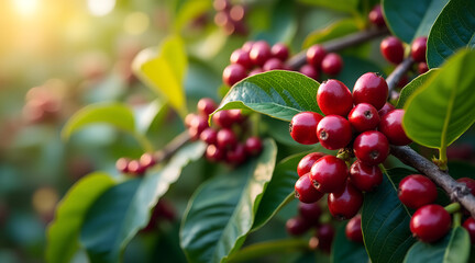 Obraz premium Coffee beans on plant, coffee cultivation, farming, agriculture, crop growth, sustainable farming, environmental impact, coffee harvest, rural farming.