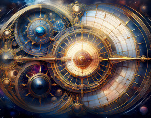 Obraz premium スチームパンク風の精巧なコンパスが中心に描かれ、周囲は水彩タッチの宇宙背景。古びた金属とインクのにじみが幻想的な雰囲気を演出