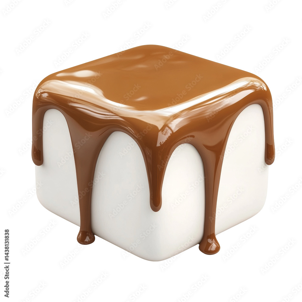 Poster Decadent dessert delight showcasing a marshmallow cube drenched in flowing caramel drizzle against a stark setting