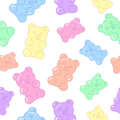 Gummy bears, marmalade, jelly seamless pattern, background. Cute cartoon style drawings, illustration