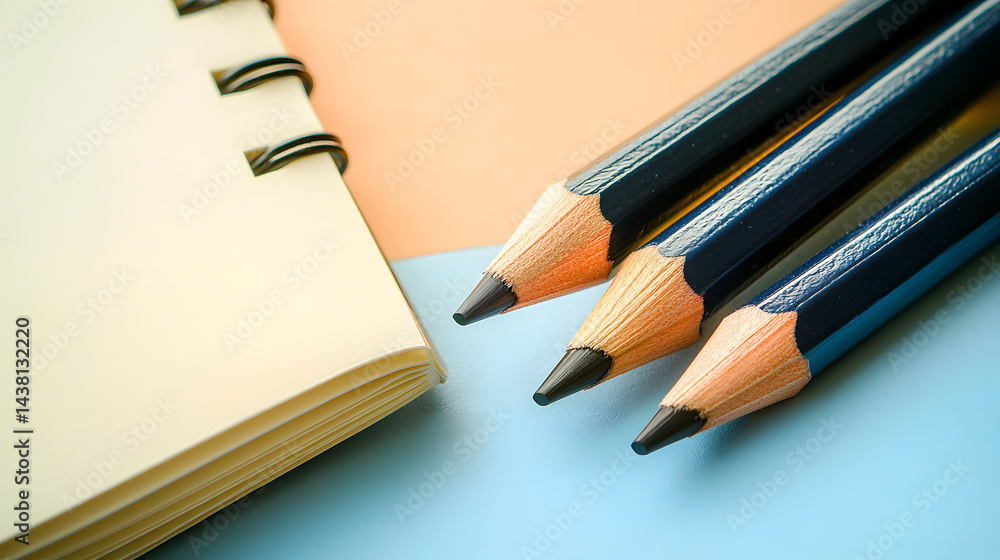 Poster creative workspace setup open notebooks with aligned pencils office still life minimalist top-down v