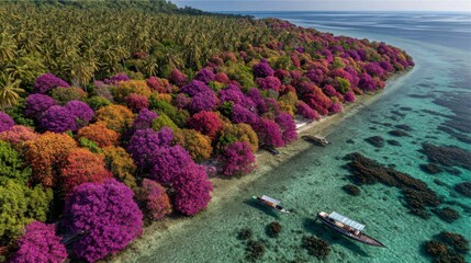 Fototapeta premium Aerial view of vibrant purple, red, and orange tropical flowers blooming along a coastline with two boats in clear turquoise water.
