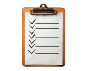 Checklist with completed tasks marked in on clipboard isolated on transparent background
