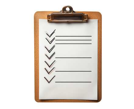 Checklist with completed tasks marked in on clipboard isolated on transparent background