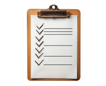 Checklist with completed tasks marked in on clipboard isolated on transparent background