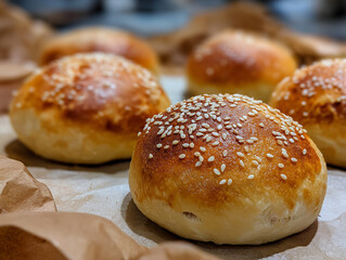 A close-up of fresh buns with sesame seeds, freshly baked and golden brown, sitting on parchment paper in the kitch