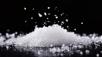 A mound of white crystals, with fragments scattering