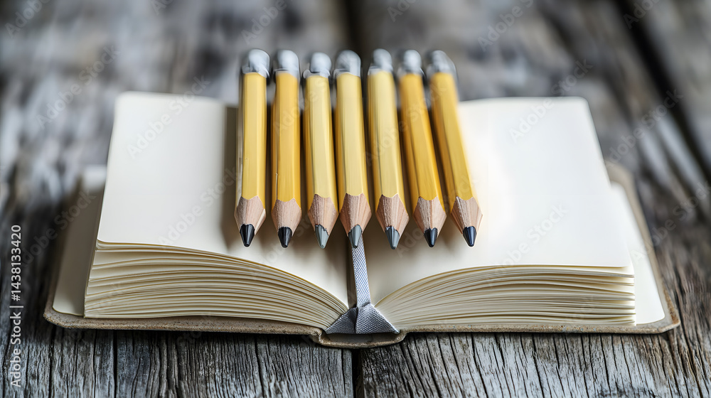 Poster symmetrically aligned pencils on open notebooks creative workspace stationery setup natural light cl