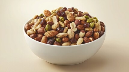A white bowl filled with a mix of almonds, hazelnuts, pistachios, peanuts, and raisins.