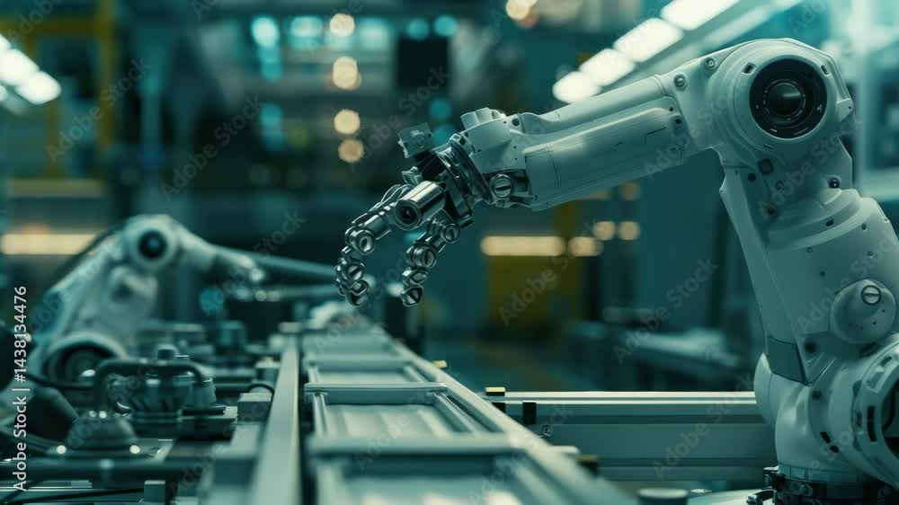 Aufkleber a robot is working on a conveyor belt in a factory. the robot is made of metal and has a mechanical 