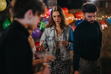 A group of friends gathered together at an outdoor birthday party, decorated with colorful balloons and string lights, enjoying each other's company and creating a joyful and social atmosphere.