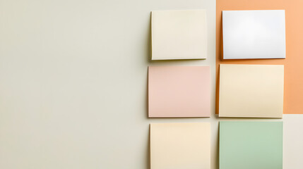 Organized sticky notes in matching hues minimalist workspace digital content soft mood top-down perspective creative organization