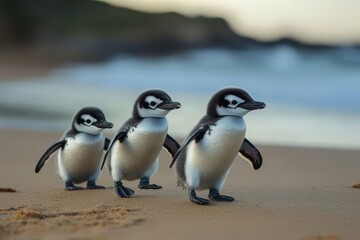 Naklejka premium Little penguins walking on beach at sunset with ocean breeze