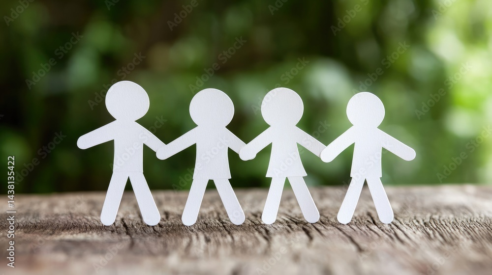 Poster multiple hands joining together illustrated through paper cutouts on a desk representing unity