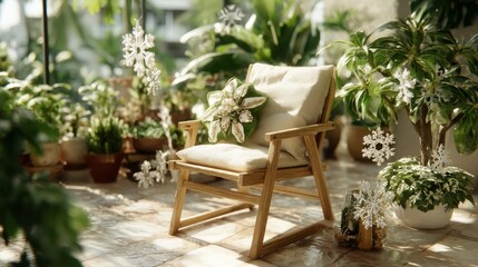 Obraz premium Wooden chair with white cushion sits amidst lush green plants and floating snowflakes, bathed in sunlight. Tranquil indoor scene.