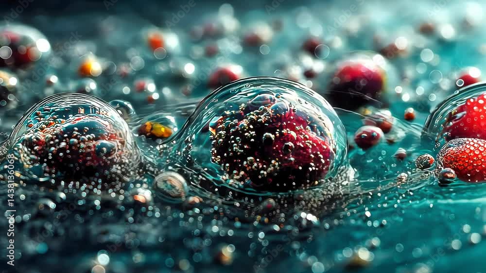 Poster shiny translucent bubble on blue surface filled with small sparkling spheres, abstract macro view of