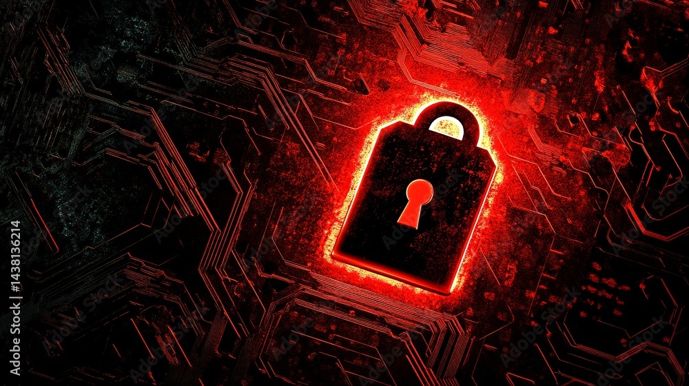 Poster cybersecurity digital lock red glowing padlock technology abstract background graphic design illustr