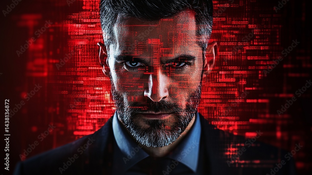 Poster serious businessman digital overlay red binary code technology hacker portrait intense focus powerfu