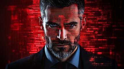 Serious Businessman Digital Overlay Red Binary Code Technology Hacker Portrait Intense Focus Powerful Corporate Executive Man Digital Art Graphic     