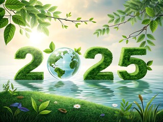 Year 2025 with grass numbers and earth globe in water with leaves and grass landscape background