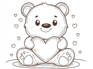 Obraz premium A sweet and endearing line art illustration in a coloring book style featuring a cute, cartoon teddy bear sitting down and holding a large heart shape 