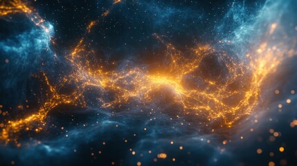 Naklejka premium Cosmic Nebula: A Celestial Dance of Orange and Blue