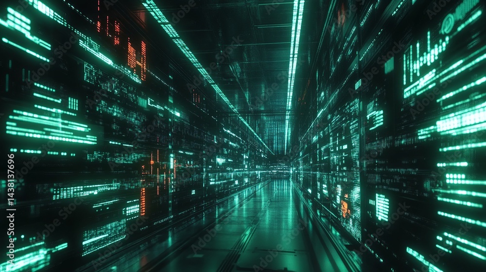 Poster abstract digital corridor futuristic green teal code data stream technology background modern networ