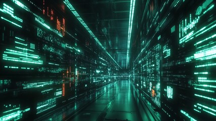 Abstract Digital Corridor Futuristic Green Teal Code Data Stream Technology Background Modern Network Server Binary Code Lines Neon Lights Digital Art