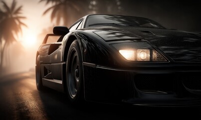 A black sports car driving down a road with palm trees in the background