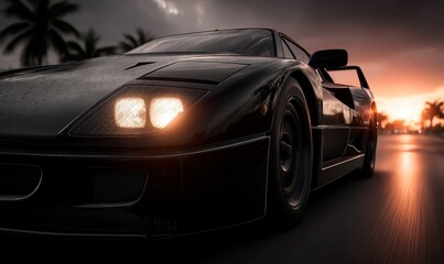 A black sports car driving down a road at sunset