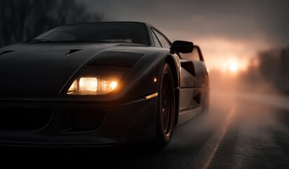 Fototapeta premium A black sports car driving down a road at night
