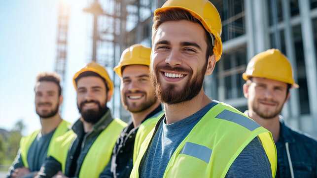 Smiling construction crew in reflective vests pose for a team photo in front of a rising steel frame structure