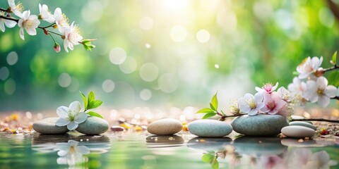 Serene Springtime Zen Garden with White Blossoms and Smooth Stones Reflecting in Still Water