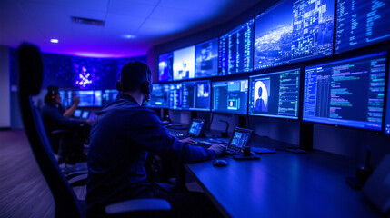 Cybersecurity operations center at night, glowing with blue and purple LED lights, team intensely monitors multiple large data screens