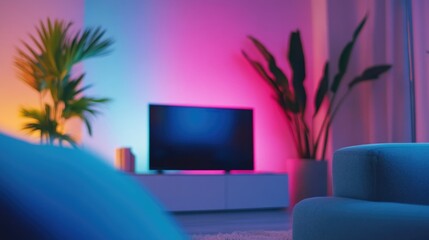 Vibrant and modern living room with a cozy ambiance created by colorful LED strip lights on the walls. The room is furnished with sleek furniture, including a stylish couch and potted plants,