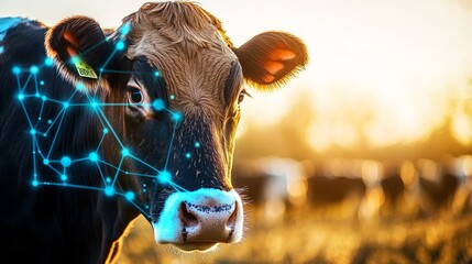 A close up of a dairy cow enhanced with glowing data points, illustrating smart farming integration